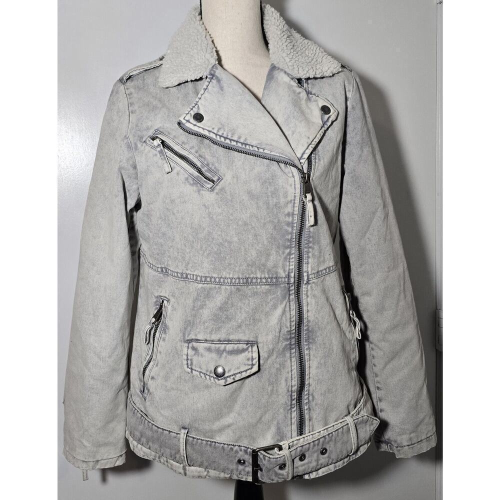 Levi's Jacket Gray Acid Washed Denim Belted Sherpa Moto Punk Streetwear Women M